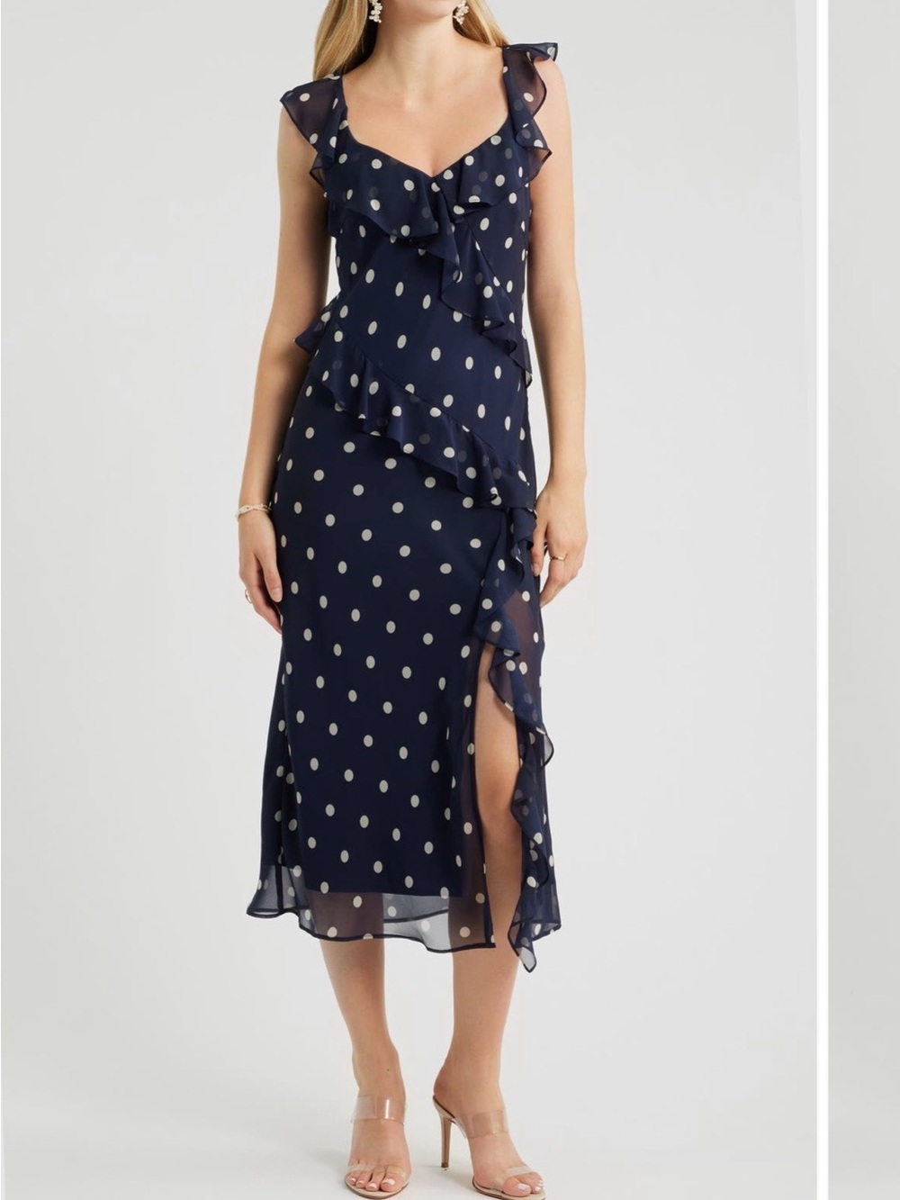 Chelsea28 Navy Blue Polka Dot Ruffle Midi Dress